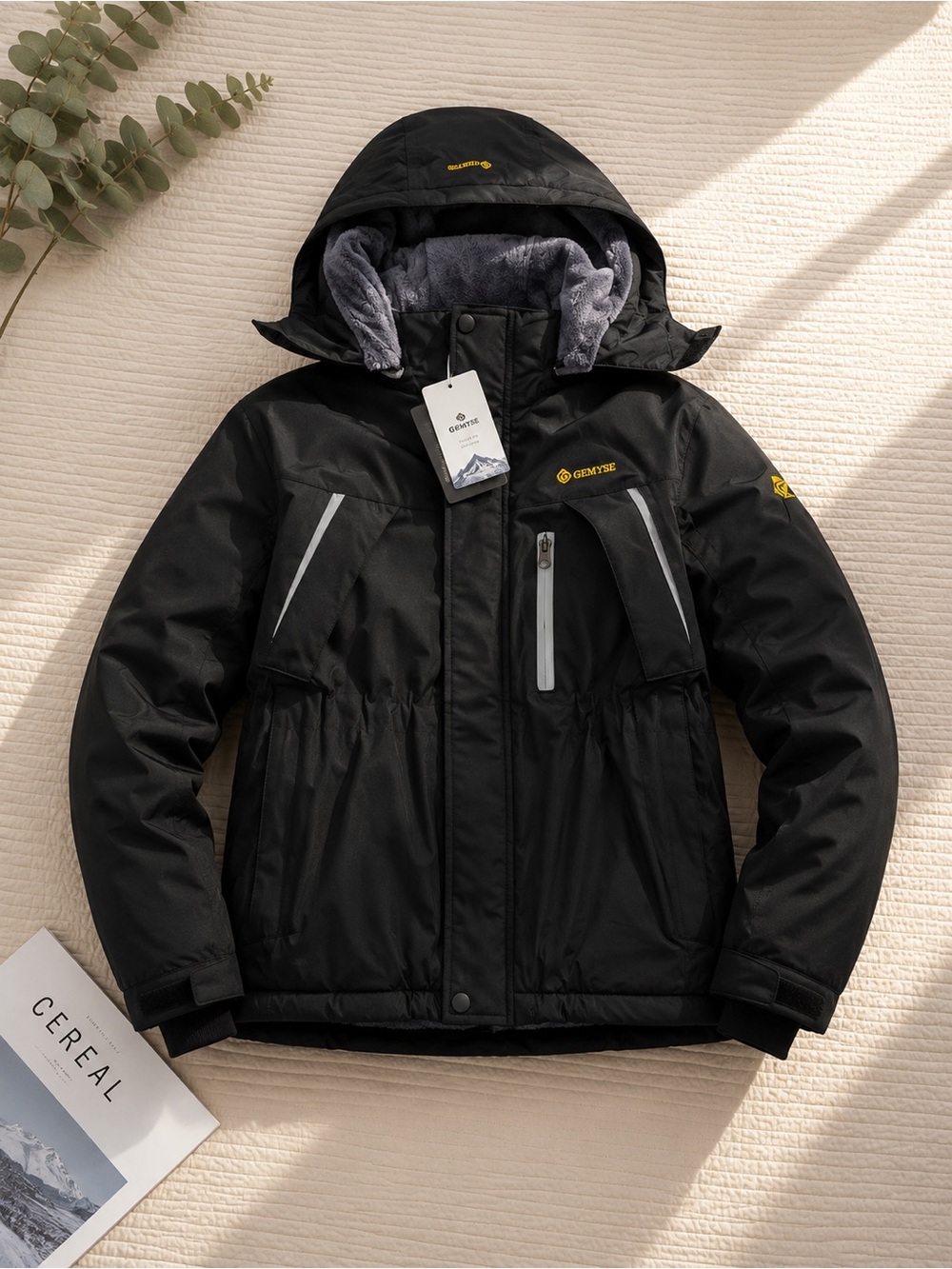 Men's Black Insulated Ski Jacket with Fleece Hood
